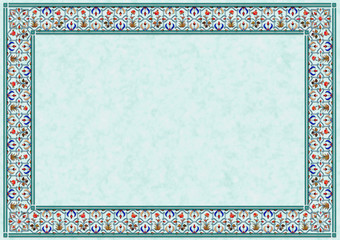 card with traditional indian/arabic floral ornament frame over polished marble/turquoise surface, size A4