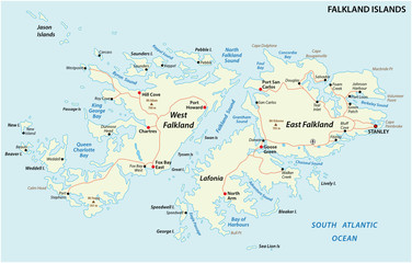  Falkland Islands, also Malvinas, political vector road map