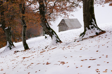 Autumn landscape with the first snow in the mountains