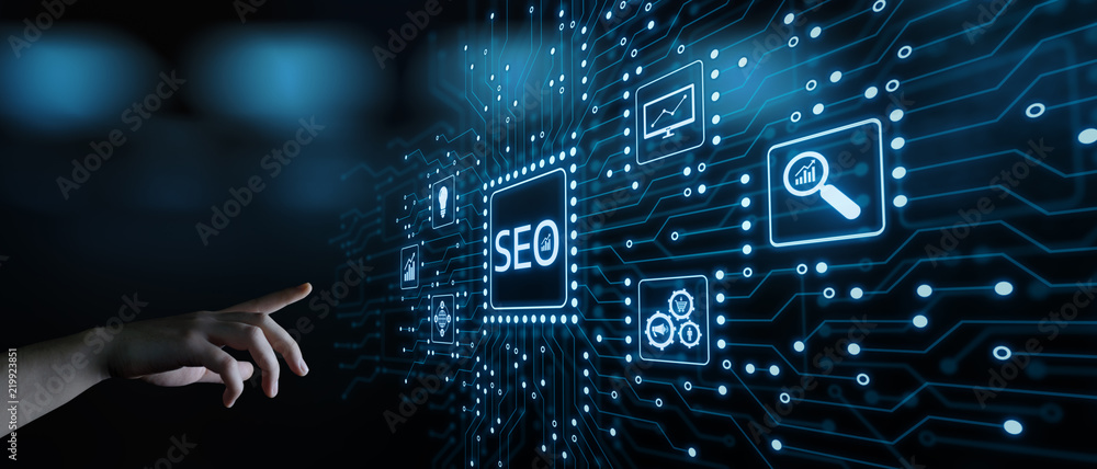 SEO Search Engine Optimization Marketing Ranking Traffic Website Internet Business Technology Concept - obrazy, fototapety, plakaty 