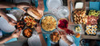 © simona - Food Catering Cuisine Culinary Gourmet Buffet Party Concept with lot of hands taking food from various mixed place on the table. having fu. community leisure activity at home or restaurant