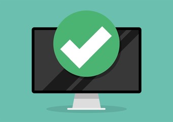 Wall Mural - a laptop with a tick mark or update or download is complete, accept or approve a checkmark