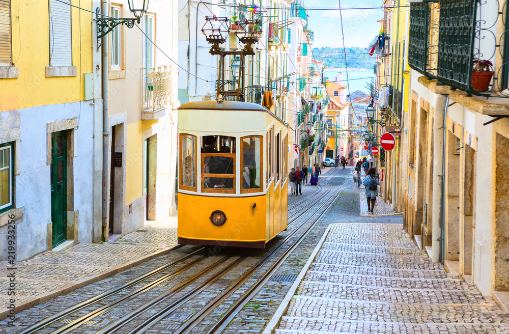 A view of the incline and Bica tram, Lisbon,  Portugal - obrazy, fototapety, plakaty 