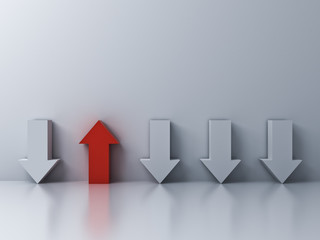 Fototapete - Stand out from the crowd and different concept One red up arrow among other down arrows on white wall background with reflections and shadows 3D rendering