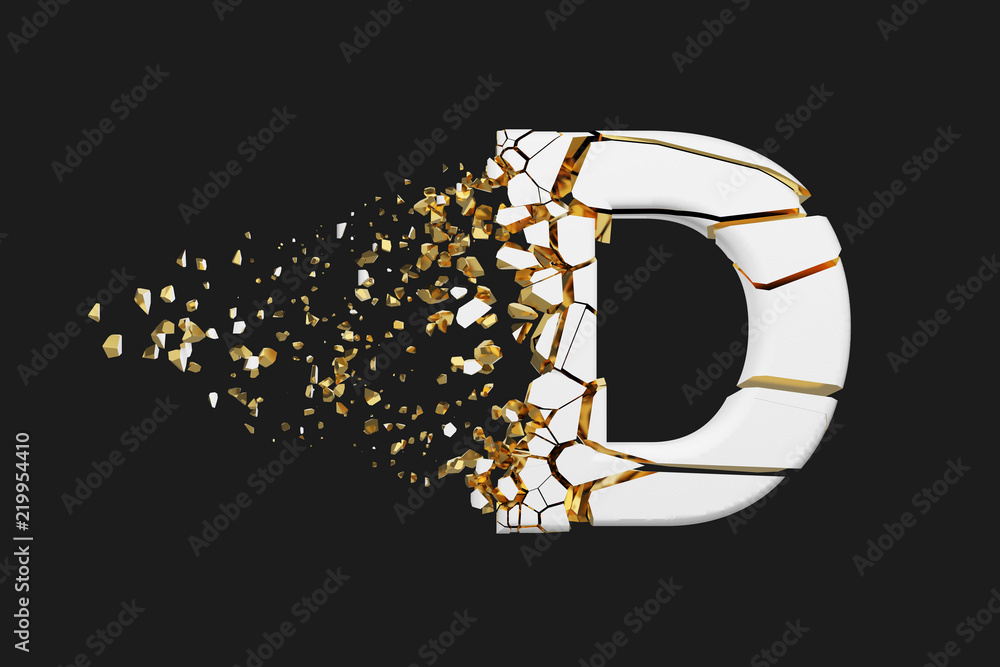 Shattered Lettering Broken shattered alphabet letter D uppercase. Crushed white and gold ...