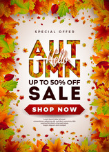 Autumn Sale Design With Falling Leaves And Lettering On Light Background. Autumnal Vector Illustration With Special Offer Typography Elements For Coupon, Voucher, Banner, Flyer, Promotional Poster Or