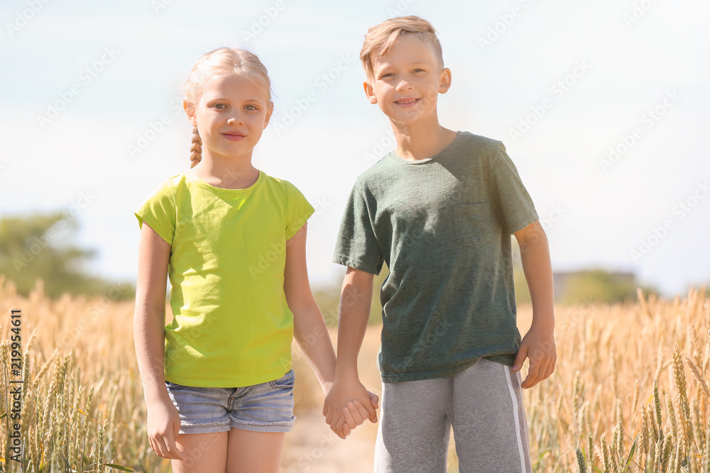 Cute little children in wheat field on sunny day