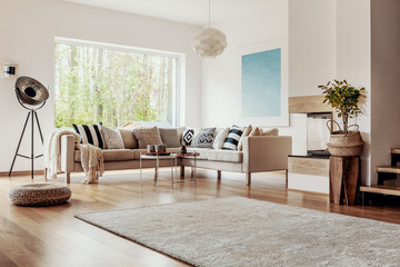 Wicker ottoman and an industrial floor lamp in a bright living room interior with chic decor and wooden elements