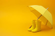 A pair of yellow rain boots and a umbrella on a yellow