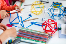Colored Boxes With Paper Strips, Inventions And Creativity For Children. Educational Activities For Schools And Children