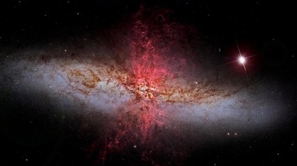 Wall Mural - Galaxy Messier 82 slow rotating with near birght supernova star flare lights in outer space, 3D animation. Contains public domain image by NASA