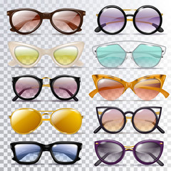 Glasses vector cartoon eyeglasses or sunglasses in stylish shapes for party and fashion optical spectacles set of eyesight view accessories illustration isolated on transparent background