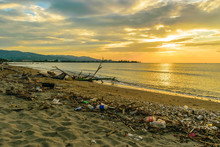 Plastics Garbage On Beach. Reduce Reuse Recycle. Environmental Marine Pollution. Waste Rubbish From Ocean Washed Ashore On Land In Scenic Location/setting. Ban On Single Use Plastic.