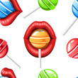 Seamless pattern. Sexy red lips with candy. Red female glossy lips and blue lollipop. Colored icon. Flat vector illustration on white background