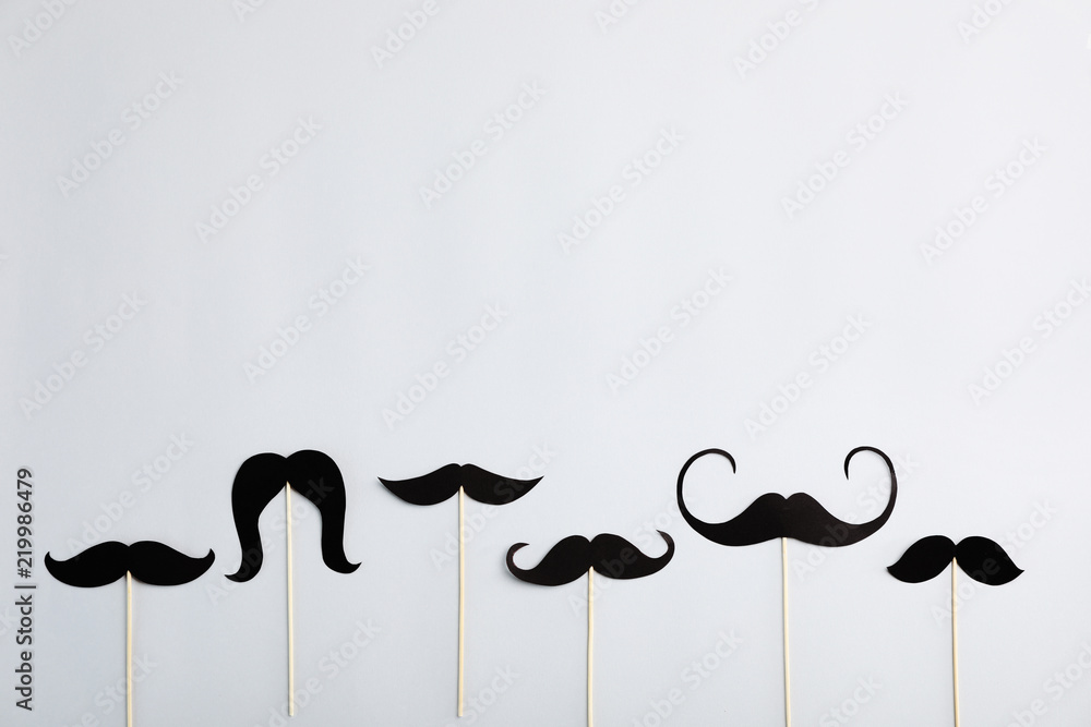 Flat lay composition with paper moustaches and space for text on gray background. Happy Father's Day - obrazy, fototapety, plakaty 