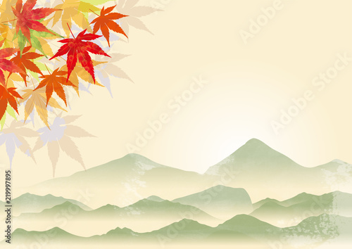 モミジと霞んだ山の背景イラスト 秋のイメージの背景 飾り枠 モミジと風景イラスト 水彩画タッチ 緑 Stock Illustration Adobe Stock