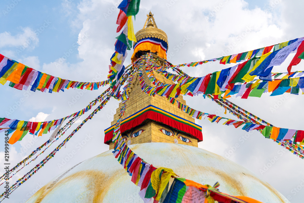 Boudhanath Stupa and prayer flags in Kathmandu - obrazy, fototapety, plakaty 
