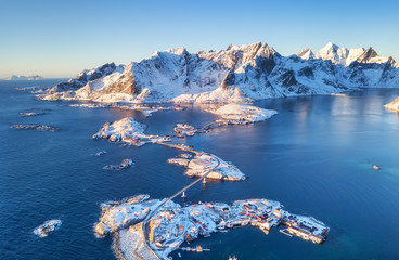 Wall Mural - aerial view on the mountains and sea bay on the lofoten islands, norway. houses and bridges near mou