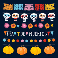 Wall Mural - set of dia de los muertos, mexican day of the dead garlands with lights, bunting flags, ornamental s