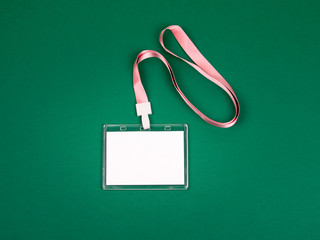 White empty staff identity mockup with pink lanyard. Name tag, ID card