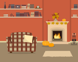 Orange living room with fireplace and checkered armchair. Autumn decor in the interior. The fireplace is decorated with yellow leaves, berries and pumpkins. There are also bookshelves in the picture