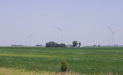 Windmills power plant in rural landscape. Wind turbine farm for electric power production. Windmills for electric power production in USA.