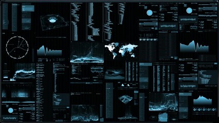 Futuristic digital interface screen. Streaming and flashing computer interface with map, satellite images and network status, levels and spectrum of signals, Extremely detailed.