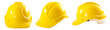 Industrial workers or construction site safety equipment concept with a multiple angle image of a yellow hard hat isolated on white background with a clipping path cutout