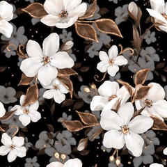  Elegance seamless pattern with white apple flowers and golden elements