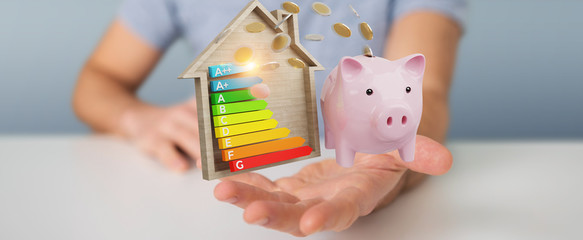 Wall Mural - businessman saving money with good energy chart rating 3d rendering
