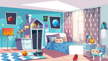 Kid Boy Room Interior Vector Illustration Of Modern Bedroom Furniture In Blue Scandinavian Style. Cartoon Slat Chalkboard On House Drawer, Car Toy On Carpet And Cosmos Pictures, Blanket On Bed