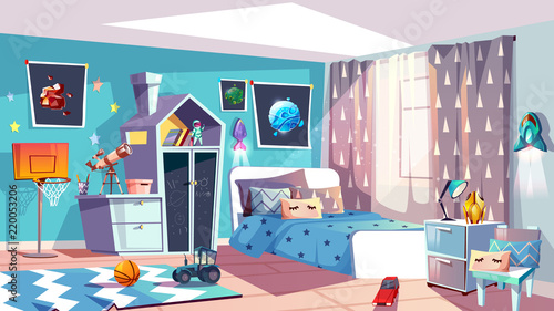 Kid Boy Room Interior Vector Illustration Of Modern Bedroom