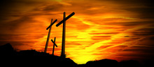 Black Silhouette Of Three Crosses At Sunset - Symbol Of Good Friday