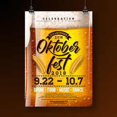oktoberfest party poster illustration with fresh lager beer and wheatear on dark background. vector 