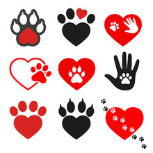 Set Of Signs, Design Elements, Logo Design Template And Badges For Veterinary Medicine. Includes Animal Paw Print And Heart Shape.