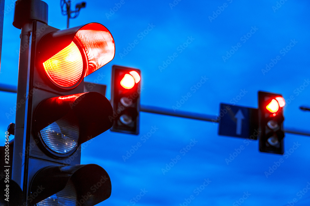 Traffic lights over urban intersection Stock Photo | Adobe Stock