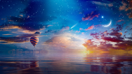 Wall Mural - crescent moon, hot air balloon and comet in sunset starry sky