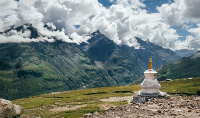 Ritual buddhist stupa on Rohtang La mountain pass in indian Himalaya