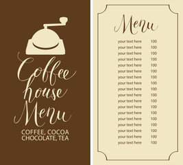 Wall Mural - Vector menu for coffee house with coffee grinder, price list and handwritten inscriptions in retro style