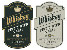 Set Of Two Vector Labels For Whiskey Premium Quality In The Figured Frame With Crown And Calligraphic Inscription In Retro Style