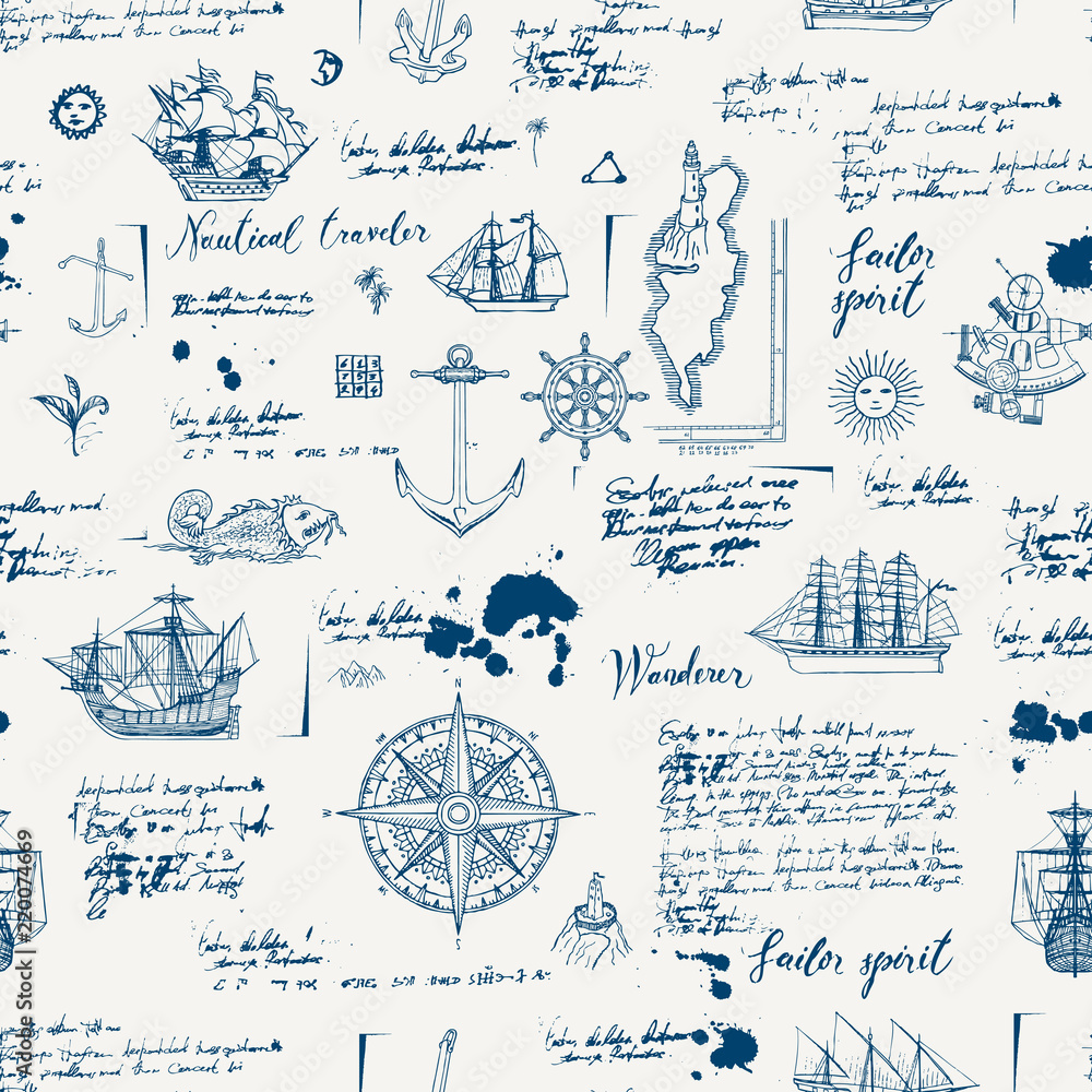 Vector abstract seamless background on the theme of travel, adventure and discovery. Old manuscript with caravels, wind rose, anchors and other nautical symbols with blots and stains in vintage style - obrazy, fototapety, plakaty 