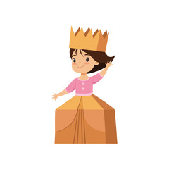 Poster - Cute little girl playing as princess, lovely kid in costume made of cardboard boxes vector Illustration on a white background