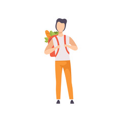 Sticker - Young man standing with backpack full of healthy food, guy doing shopping at the grocery shop vector Illustration on a white background