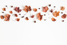 Autumn Composition. Pattern Made Of Dried Leaves On White Background. Autumn, Fall Concept. Flat Lay, Top View, Copy Space