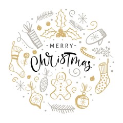 Merry Christmas greeting card with hand drawn design elements. Handwritten modern lettering.