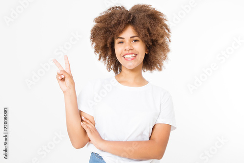 Afro Curly Hair Happy Young African American Girl Showing Victory