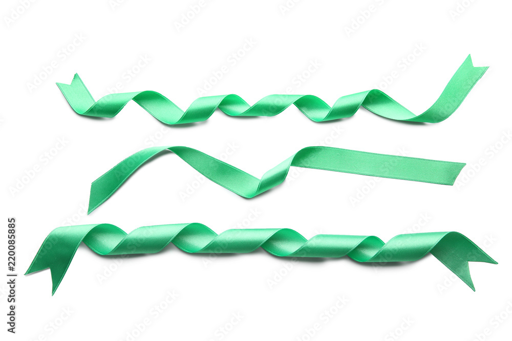 Green ribbons on white background