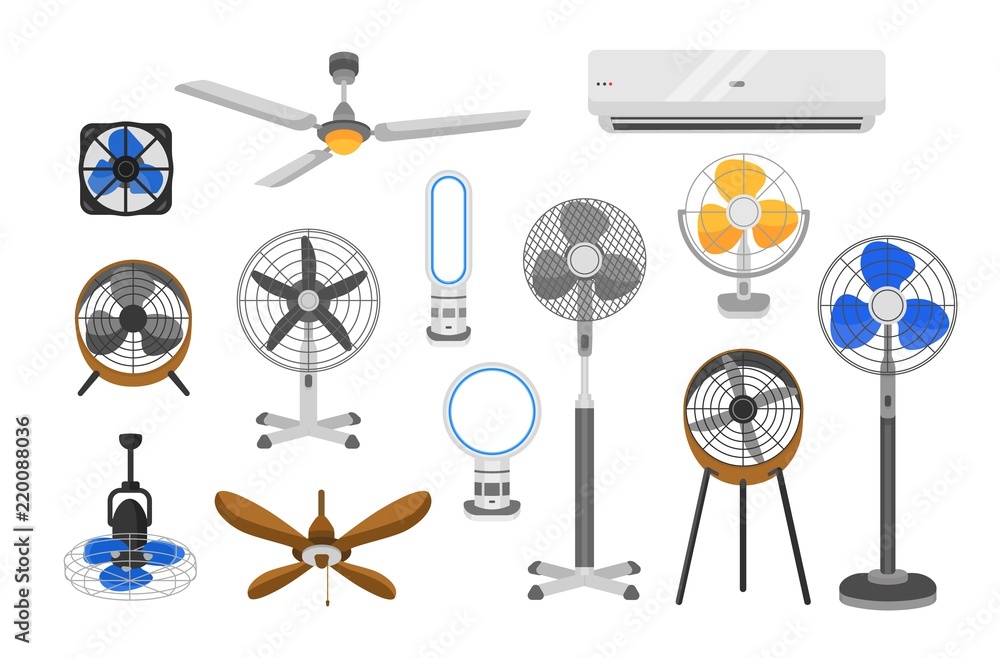 Collection of electric fans of various types isolated on white background. Bundle of household devices for air cooling and conditioning, climate control. Vector illustration in flat cartoon style. - obrazy, fototapety, plakaty 