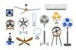 Collection of electric fans of various types isolated on white background. Bundle of household devices for air cooling and conditioning, climate control. Vector illustration in flat cartoon style.