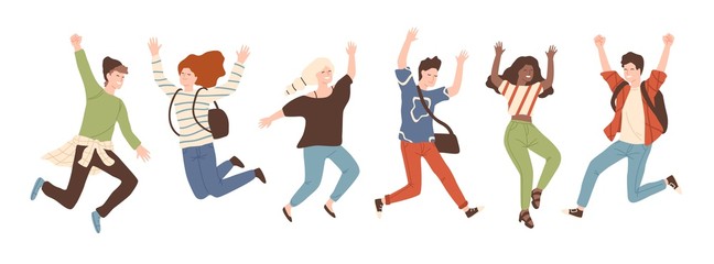 Sticker - Group of young joyful laughing people jumping with raised hands isolated on white background. Happy positive young men and women rejoicing together. Colored vector illustration in flat cartoon style.